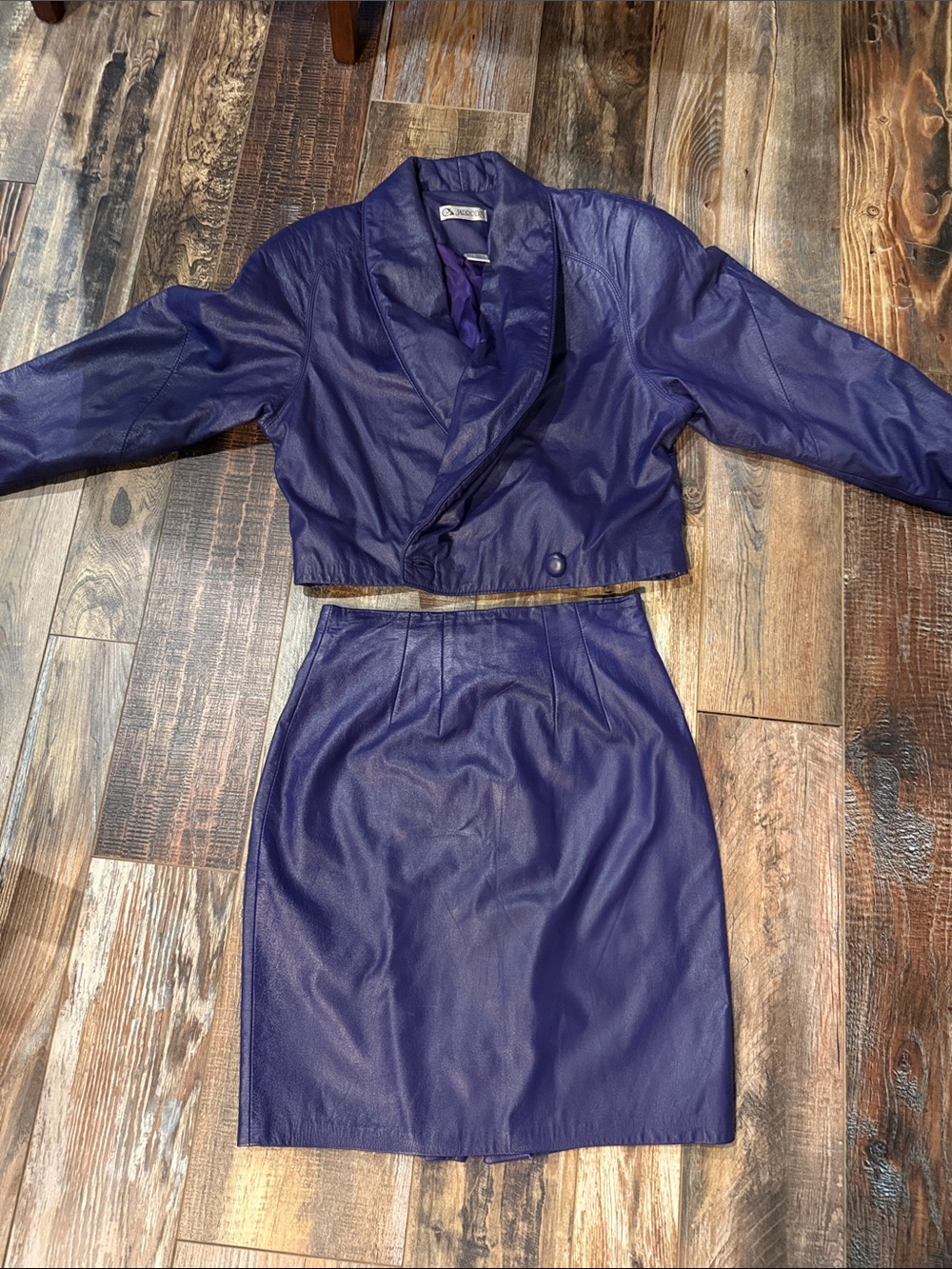 1980s vintage purple leather crop jacket & matching pencil skirt size 6 preloved